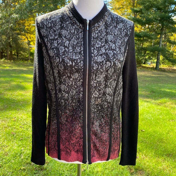ALDO MARTINS SWEATER CARDIGAN BLACK GRAY PINK OMBRÉ ZIP FRONT SIZE 12 - Picture 1 of 9